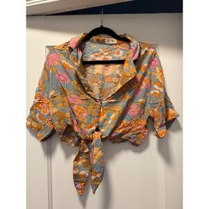 Love Notes Floral Tie Front Crop Top Womens Large Blue Orange Retro 70s Style
